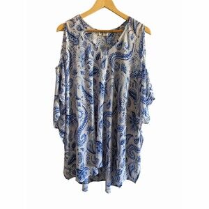 Show Me Your Mumu Tunic Dress Womens S Blue & White Paisley Cold Shoulder